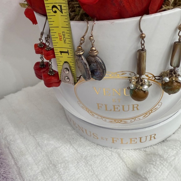 4 pairs of earrings sterling silver red coral, turquoise, mother of pearl dangle - Picture 5 of 7